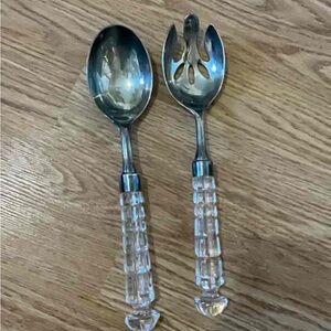 Crystal-Handle Stainless Steel Serving Spoon and Fork Set - Clear